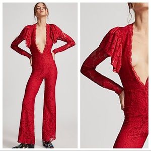 Free People Adeline Red Lace Jumpsuit